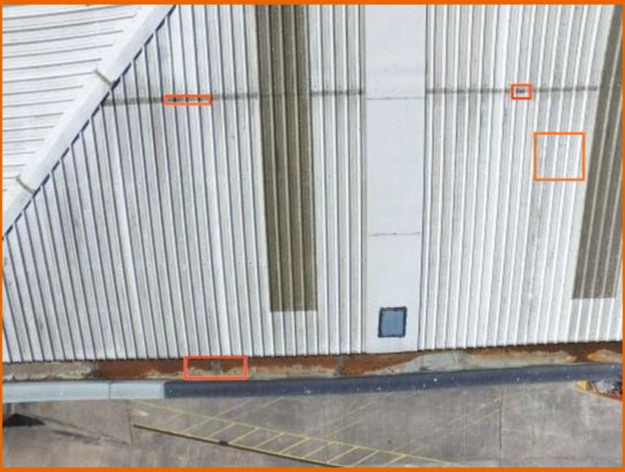 Commercial Roofing Case Study5 A close up visual drone survey to assess cut edge corrosion, blocked gulley’s, general condition and historic repairs.